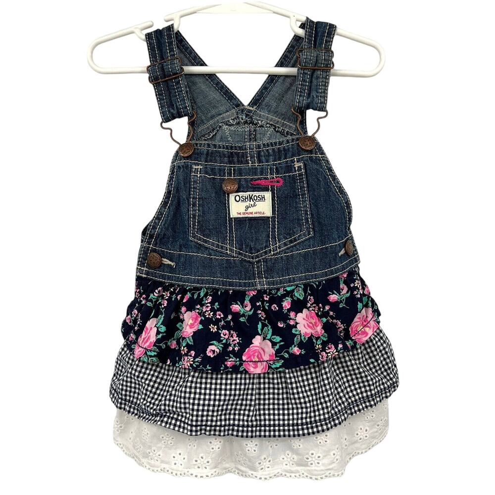 Oshkosh B'gosh Denim Dress Layered Floral Gingham‎ Eyelet Layers 18 months